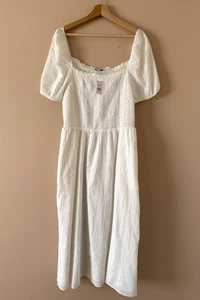 Loft 100 % Baumwolle gesmoktes Gaze Puffärmel Midikleid feminin kokett Neu mit Etikett L - Bild 1 von 8