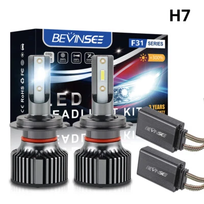 Bevinsee H7 LED Headlight Bulbs 6000K 50W Canbus Decoder Error Free Set For BMW - Image 1 of 4