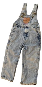 Vintage Girls Acid Wash Overalls With Teddy Bear Appliqué Size 24 Months 2T - Picture 1 of 4