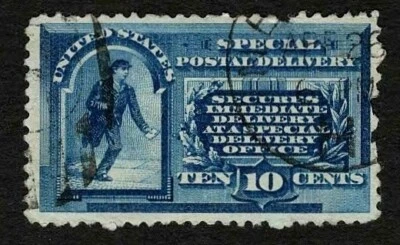 US 1885 #E1 Special Delivery 10c Blue Messenger Running VF Thin Perf Faults Used - Image 1 of 2