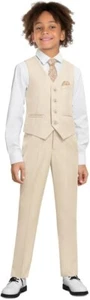 Linen Boys' Suit For Kid Summer Beach Wedding Groom Tuxedo Vest Pants Two Pieces - Picture 1 of 18