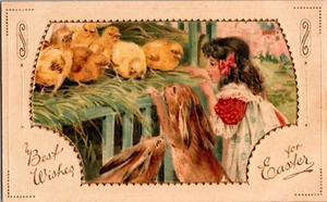 Cartolina Best Wishes Easter Girl & Bunny Chicks divisa posteriore in rilievo non pubblicata - Foto 1 di 2