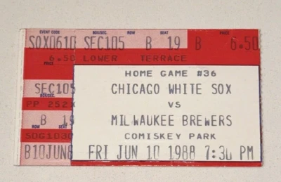 6/10/88 Milwaukee Brewers White Sox MLB Boleto Stub Yount 3B Comiskey Park Foto 1 de 2