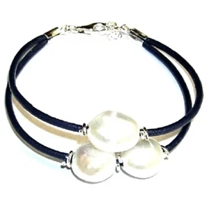 PULSERA PLATA de ley 925, Cuero Azul 3 PERLAS CULTIVADAS 11mm Envío certificado - Imagen 1 de 2