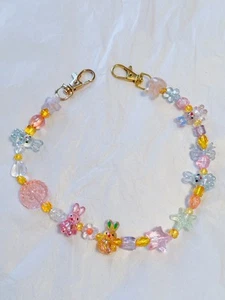 Handmade Clear Iridescent Pastel Fairy Beaded Bunny Charms Bag Charm Chain 17” - Picture 1 of 5
