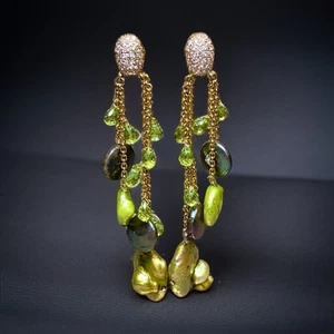 Estate 18K Diamond Briolette Peridot Green Button Pearl Dangle Drop Earrings - Picture 1 of 9
