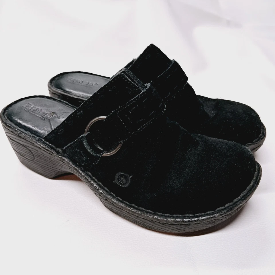 Zuecos Born Shoes para mujer talla 7 EU 38 negro gamuza cuero sin cordones mula W31748 Foto 1 de 4