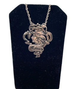 ANTIQUE ART NOUVEAU NECKLACE BROOCH PENDANT STERLING SILVER MAIDEN FLOATING HAIR - Picture 1 of 8