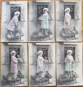 New Year 1910 Realphoto Fantasy Postcard Set of Six, Sled Children Money Rppc - Picture 1 of 1