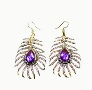 Betsey Johnson Gold Tone Feather Earrings with Purple Rhinestones - Picture 1 of 2