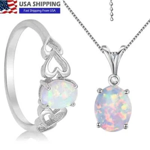 Womens 925 Sterling Silver White Fire Opal Chain Link Pendant Necklace Ring - Picture 1 of 23