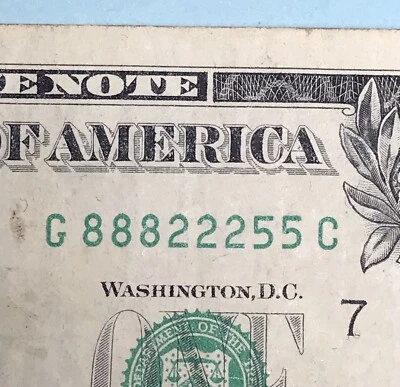 1969 D $1 Dollar Bill Super Trinary Fancy Serial Number Currency Note 88822255. - Image 1 of 3