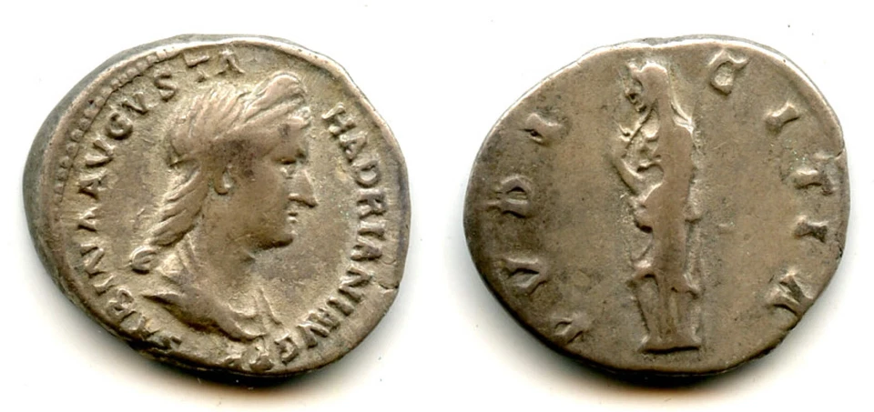 Denario de plata PVDICITIA ESCASO, emperatriz Sabina (d.136 CE), Roma, Imperio Romano Foto 1 de 1