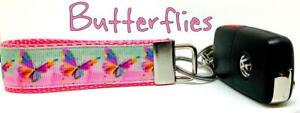 Butterflies Key Fob Wristlet Keychain 1"wide Zipper pull Camera strap handmade