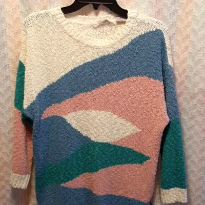 Grandma Core Color Block Vintage Popcorn Textured Sweater Pink Teal White READ - Image 1 of 4