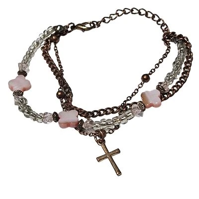 Pulsera Cruz Multi Hilo Charn Flor Rosa Cuentas Transparentes Cadena Bronce Religión Foto 1 de 4