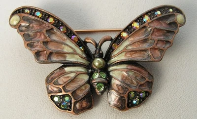 古董复古复古青铜色调 Joan Rivers 蝴蝶别针搪瓷水钻 — 第 1/4 张图片