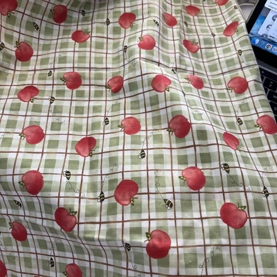 Fabric Vintage Apple Blossoms with Bees on Plaid - Image 1 of 3