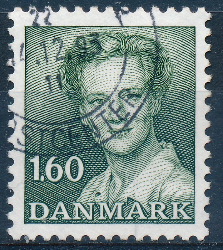 Dinamarca Scott 701/AFA 756, 1,60 kr verde reina Margarita, en muy buen estado sello usado postal Foto 1 de 1