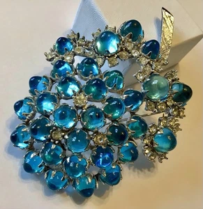 RARE VINTAGE EISENBERG AQUA BLUE JELLY BELLY AND CLEAR RHINESTONE FLOWER BROOCH - Picture 1 of 2