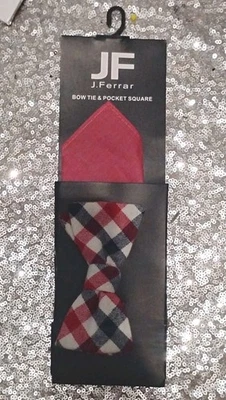 J Ferrar Bow Tie and Pocket Square Mens Red White Blue Plaid Holiday - Image 1 of 2