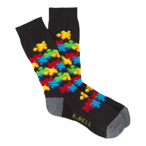 New K. Bell Men Crew Socks 10-13 Shoe 6.5-12 PUZZLE 3D Black Arch Compression - Picture 1 of 3