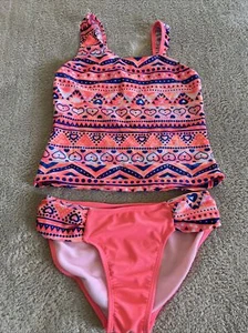 Girls Hot Pink Orange Blue White Hearts Geometric Tankini 2 Piece Swim Suit 12 - Picture 1 of 8