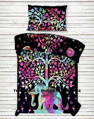 Juego de sábanas negras dobles de algodón tie dye árbol de la vida de elefante indio Foto 1 de 2