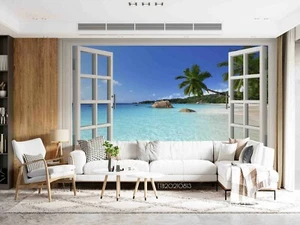 3D Window Seascape Palm Wallpaper Wall Mural Removable Self-adhesive 333--JN - Picture 1 of 4