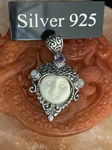 Silver / Bone /mix Stone Pendant ,,, Bali Style / Art Deco / Goddess Pendant - Picture 1 of 6