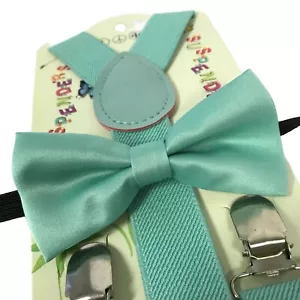 Teal Green Suspender + Bow Tie Matching Set Wedding Toddler Kids Boys Girls Baby - Picture 1 of 2