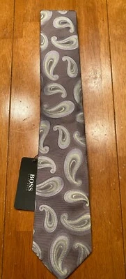 男式 HUGO BOSS 意大利制造 100% 真丝色调灰色 + 佩斯利领带全新带标签全新 — 第 1/4 张图片