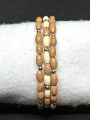 Juego de brazalete de madera de bambú con cuentas color bronceado y marfil con detalles en oro rosa tamaño grande Foto 1 de 3