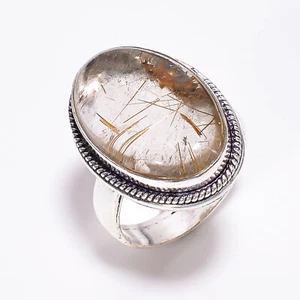 Golden Rutile Quartz Gemstone Vintage 925 Silver Plated Ring 8 US GSR-1242 - Picture 1 of 2