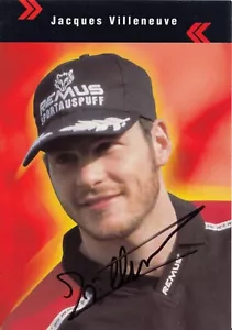 SIGNIERTE JACQUES VILLENEUVE REMUS SPORTAUSPUFF AUTOGRAMM SPONSORENKARTE FOTOGRAFIE - Bild 1 von 3