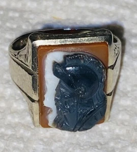 Anello oro soldato romano doppia faccia cammeo lavorato a mano corniola/argate 10K WWW - Foto 1 di 13