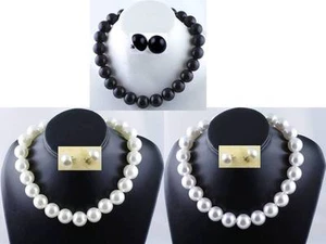 Collar de perlas sintéticas de 20 mm + pendientes de botón de perlas de 20 mm 18" blanco negro - Imagen 1 de 14