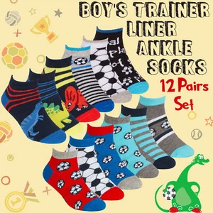 12 Pairs Boys Novelty Football Dino Cartoon Trainer Liner Cotton School Socks UK - Picture 1 of 6