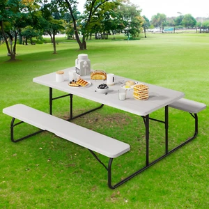 Folding Outdoor Picnic Table and Bench Heavy Duty HDPE White Camping Backyard HD - Picture 1 of 11
