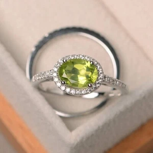 1.90 Ct Natural Peridot & Diamond Engagement Band Set 14K Solid White Gold - Picture 1 of 7