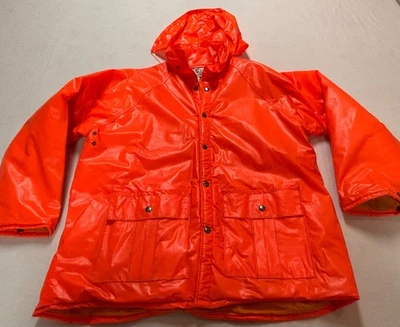 ~~Duck Bay Rain VINTAGE Jacket Orange M Hooded Fleece Lined Hunting PVC Outdoor - Image 1 of 4