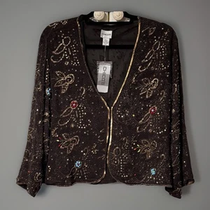 CHICO’S Carlee BROWN Silk Gold Sequined Floral Silk Top Cocktail Jacket - 2/12/L - Bild 1 von 20