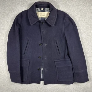 Burberry Brit Coat Mens Size Large Navy Blue Button Wool Nova Check Lined READ - Picture 1 of 10