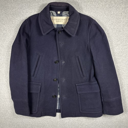 Cappotto Burberry Brit uomo taglia large blu navy bottoni lana nova check foderato LEGGI