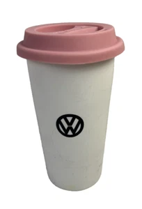 VW Volkswagen Ceramic Travel Mug Tumbler Pink & White 6 1/4” Tall - Picture 1 of 8
