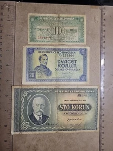 ๐จ๐ฟ Czechoslovakia 10 20 & 100 korun 1945 P-60 P-61 P-63 Banknotes 032324-3 - Picture 1 of 7