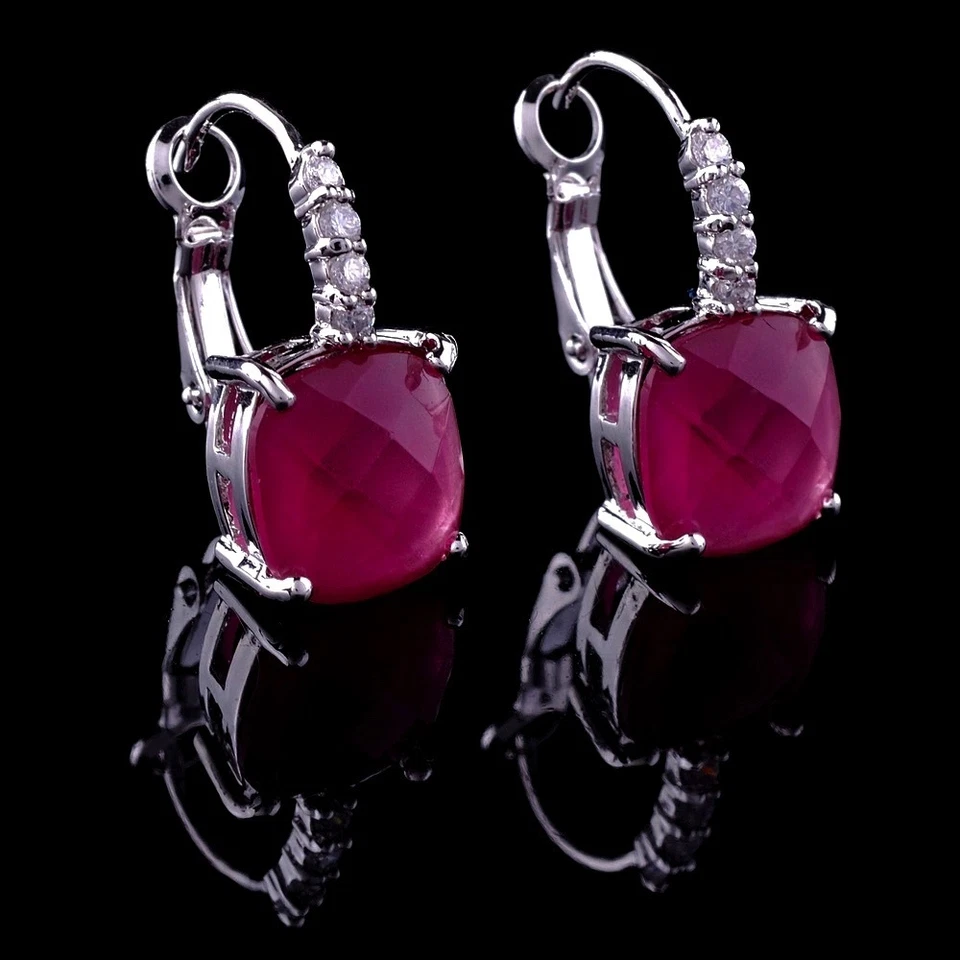 Brincos femininos folheados a ouro branco 14k com pedra preciosa rubi vermelho presente - Imagem 1 de 4