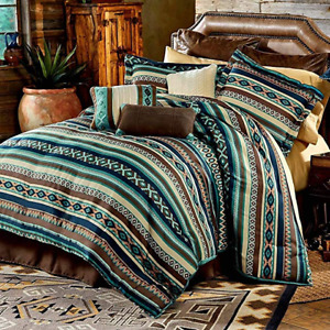 COZY COUNTRY BROWN BLUE TEAL GREEN TURQUOISE WHITE CABIN SOUTHWEST COMFORTER SET