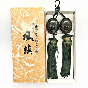 Japanese Hanging Scroll Weights Fuchin Black Onyx Marble Oval Stone Brown Tassel - Picture 1 of 10