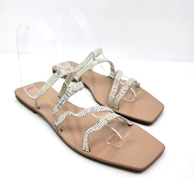 Sandalias planas con tiras Liliana Aisa para mujer talla 6,5 diamantes de imitación desnudos punta cuadrada Foto 1 de 4